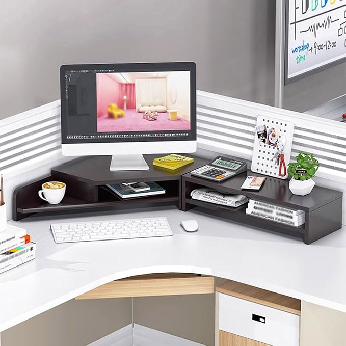 Ergonomic Corner Monitor Stand Riser, Desktop Corner Shelf with Cup Holders and 2 Tiers Storage, Space Saving Desk Organizer Stand for Study Room (Black)