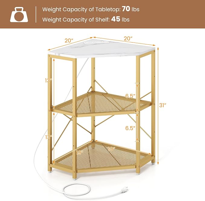 Tangkula Corner Printer Stand with Power Outlet, 3-Tier Storage Rack with Adjustable Metal Mesh Shelf, Freestanding Corner Table Computer Tower Holder for Home Office Living Room (White)