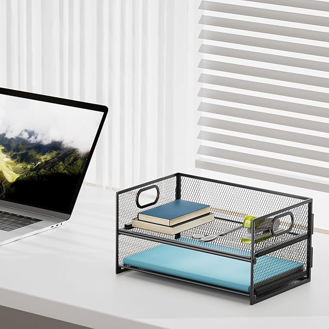Marbrasse 2 Tier Paper Organizer Letter Tray, Mesh File Organizer with Handle, Paper Sorter Desk Organizer for Home Office Supplies - 2P