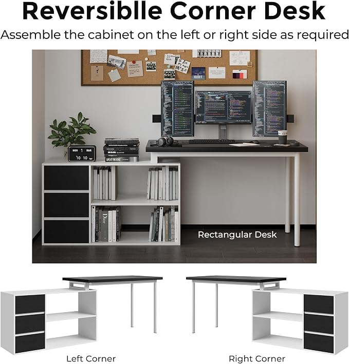 Mekminop L Shape Small Desk - Computer Corner Desk with 3 Drawers and 2 Shelves, 53 inch Home Office Table with Storage Cabinet for Gaming Writing Study, White+Black