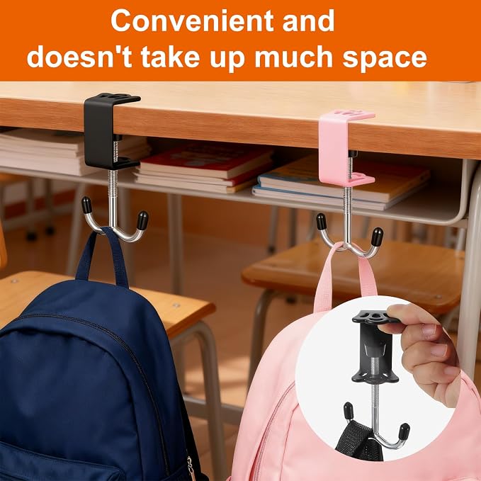 4 Pack Adjustable Purse Hooks for Table & Desk, Double-Hooks Heavy-Duty Backpack Hanger 100lb Capacity High-Strength Metal Bag Holder Space-Saving Desk Organizer for Handbag Headphone Umbrellas