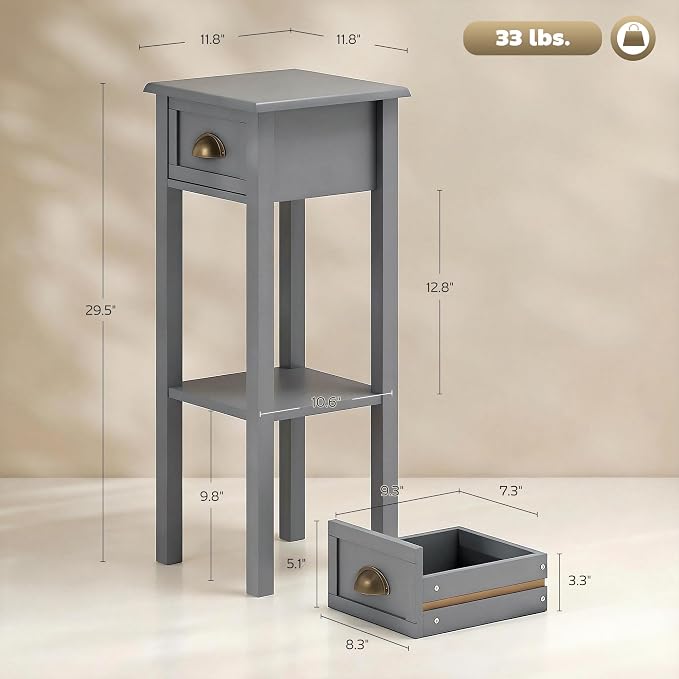 HOMCOM Narrow End Table with Drawer and Bottom Shelf, Slim Side Table for Small Spaces, Skinny Modern Accent Desk for Living Room, Set of 1, Gray