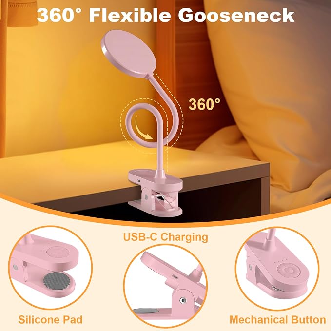 Rechargeable LED Desk Lamp with Clamp, Portable Clip on Light with 3 Color & 10 Brightness, Cordless Desk Light for Makeup Home Office Book Reading Crafting Sewing Drawing Knitting Puzzle (Pink/4.7'')