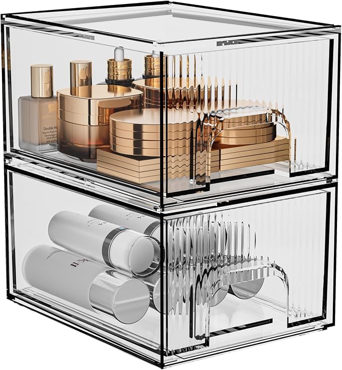 ZHIAI 2 Pack Clear Stackable Cosmetic Organizer, Acrylic Drawer, Plastic Organizer for Dresser, Vanity, Kitchen Cabinet, Pantry, Home Organization and Storage