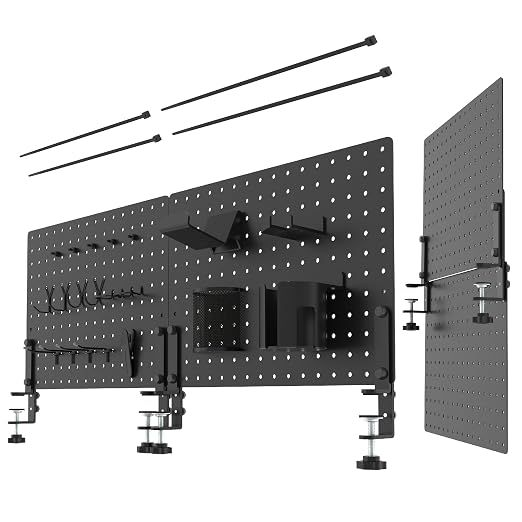 Clamp On Desk Pegboard 32" x 12" with Accessories - No Drill Metal Desktop Organizer & Privacy Panel - Vertical Storage Divider for Home Office and Gaming Setup, Black