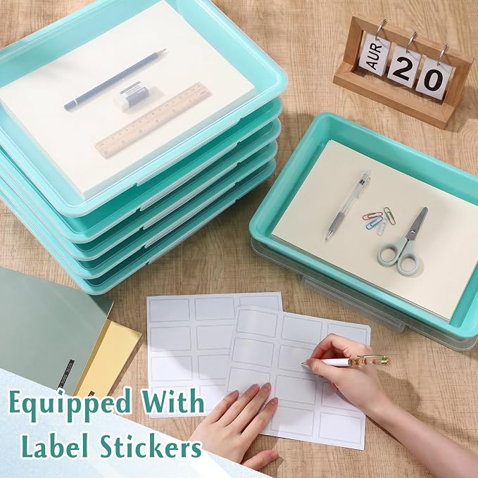 Tinlade 12 Pcs Classroom Paper Storage Bins with Clear Latching Lid, Label Stackable Letter Size Flat Tray Container for Teacher Back to School Supplies Home Office Desk Arts Crafts (Teal,13x10in)