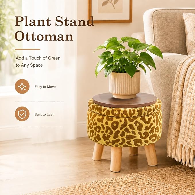 Wimarsbon Storage Ottoman, Modern Round Footrest with Soft Padded Seat, Pattern Velvet Footstool with Wood Legs, Accent Small Table or Plant Stand for Hallway, Living Room (Yellow)