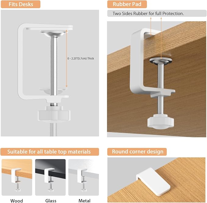 Syeeiex Under Desk Cable Management Tray, 34" Total Length (17"×2 Set), No-Drill C-Clamp & Screw Mount, Heavy Duty Metal Cord Organizer with 10 PCS Cable Ties, for Office Home Workspace, White, 2-Pack