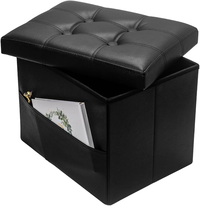 Bsketa Storage Ottoman Foot Rest Stool, Small Leather Storage Ottomans Bench, Folding Footstool with Side Pockets, Foot Rest Under Desk for Living Room Bedroom, 16x12x12 in, Black