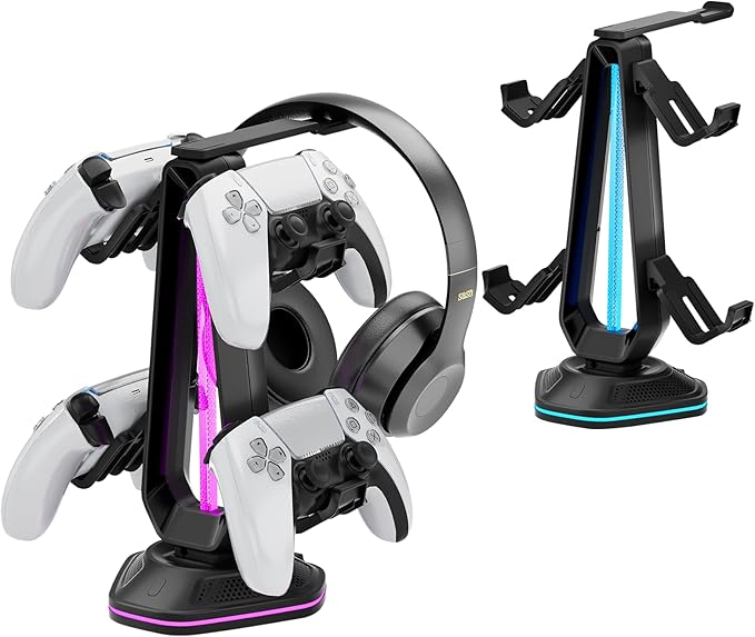 Saitake RGB Controller Holder with 9 Light Modes,Controller Stand with 2 USB Ports,Headset Stand for Desk-Headphone Holder Suitable for Xbox PS4 5 Switch Controllers Gaming Room Deco