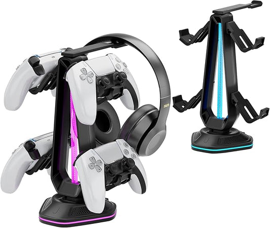 Saitake RGB Controller Holder with 9 Light Modes,Controller Stand with 2 USB Ports,Headset Stand for Desk-Headphone Holder Suitable for Xbox PS4 5 Switch Controllers Gaming Room Deco