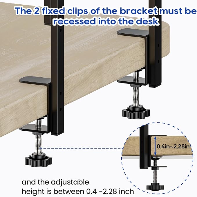Clamp On Desk Shelf 2-Tier, 12.5 inche Wood Shelving Unit for Office Desk/Gaming Accessories, Tabletop Book Storage Rack, Shelf for Top & Under of Desk, Black