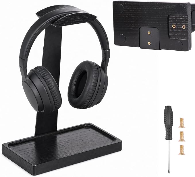 Walnut Headphone Stand, Wooden Headset Stand for Desk, Wood Gaming Headphone Holder with Storage Base Present for Men Brown or Black(Black)