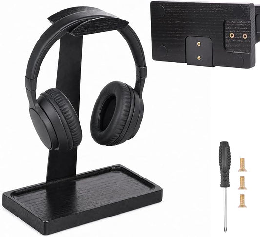 Walnut Headphone Stand, Wooden Headset Stand for Desk, Wood Gaming Headphone Holder with Storage Base Present for Men Brown or Black(Black)