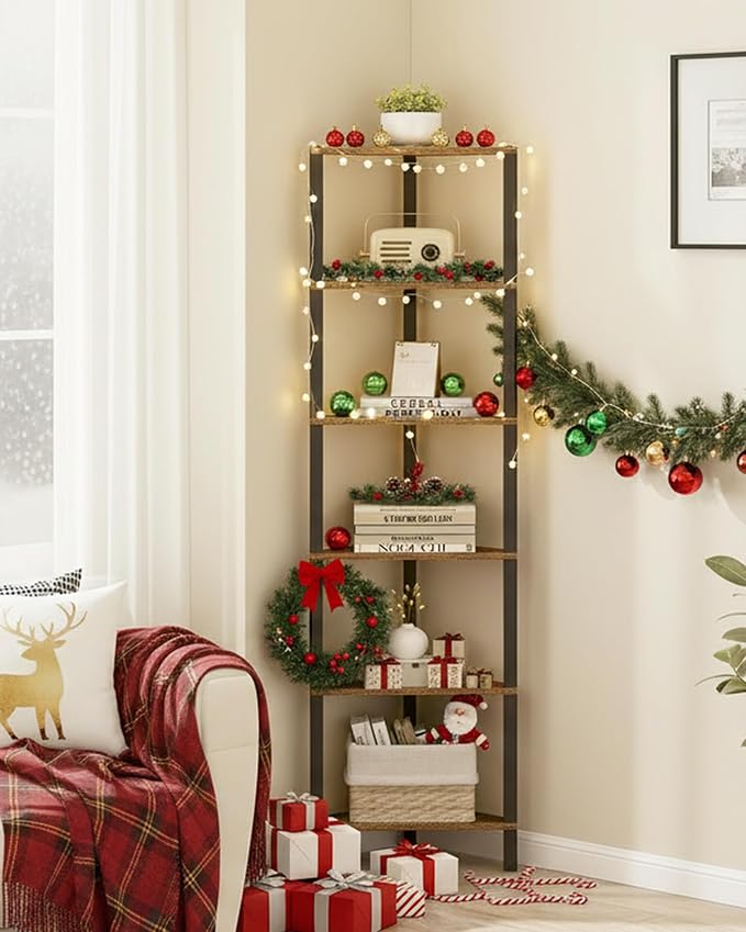 TUTOTAK Corner Shelf, 6-Tier Corner Bookshelf for Small Space, Narrow Display Corner Shelf Stand with Storage Rack, for Living Room, Bedroom, Rustic Brown BS05BB006
