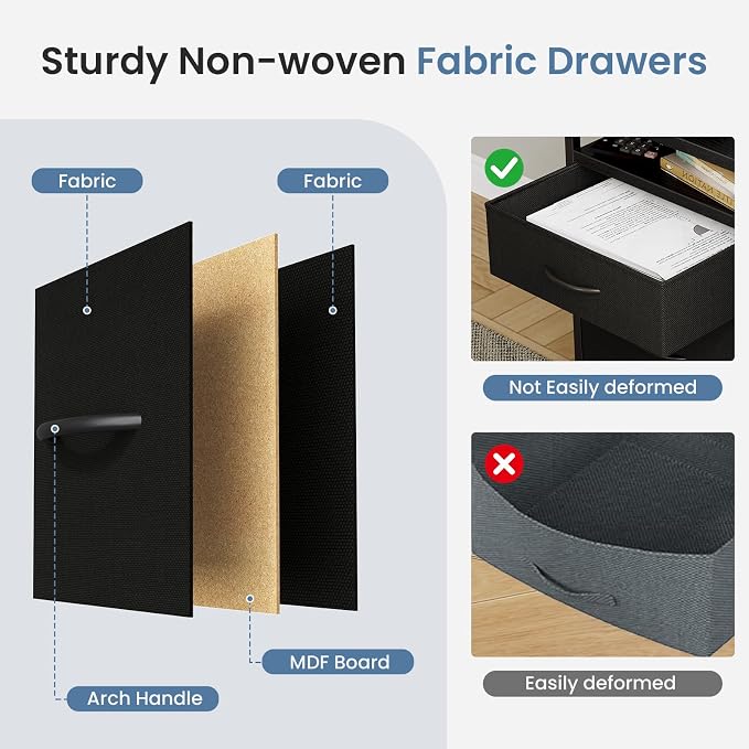 DUMOS 2 Drawer Mobile File Cabinet, Fabric Filing Cabinet with 24'' Desktop,Small Office Drawers Under Desk Fits A4/Letter Size, Rolling Printer Stand with Storage Side Bag for Home Office, Black