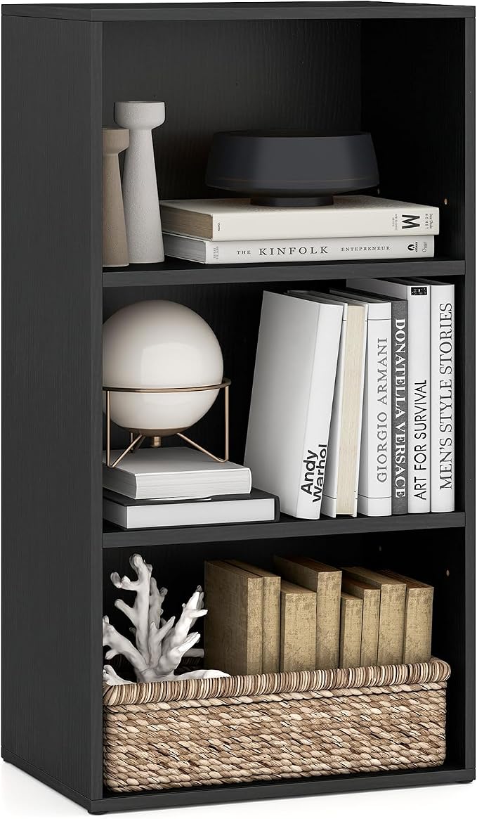 3 Shelf Bookshelf, 31.5” Small Bookcase with 2 Adjustable Shelves, Wooden Bookshelves and Bookcases, Modern Display Shelf, 3 Cube Storage Organizer for Home Office Bedroom (Black)