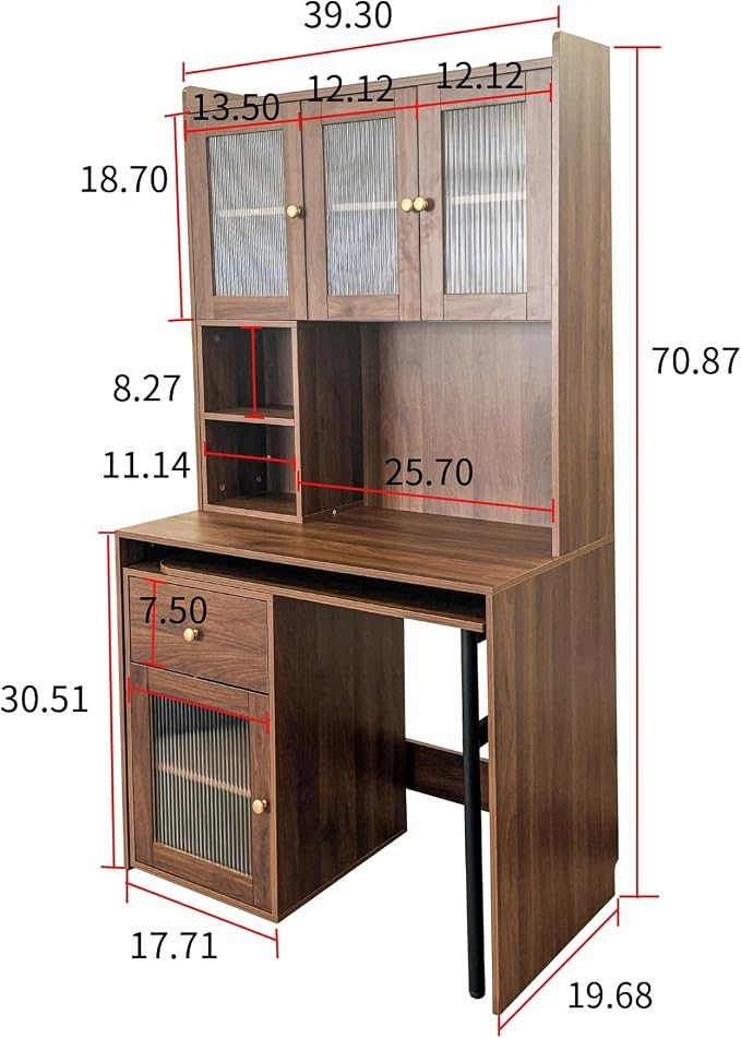 Computer Desk with Hutch and Rotating Desktop, Walnut Corner Study Desk with Glass Door Storage Cabinets and Fold Out Shelf for Home Office, Craft Cabinet with Fold Out Table (Walnut)