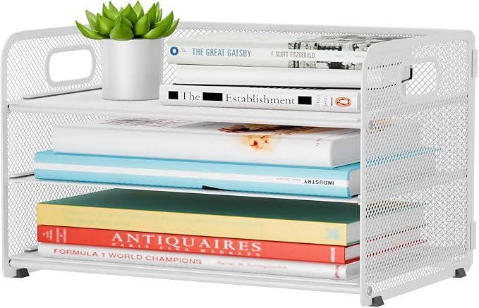 3 Tier Letter Tray Paper Organizer with Handle, Mesh Desk Organizer Paper Sorter File Rack Shelves, White