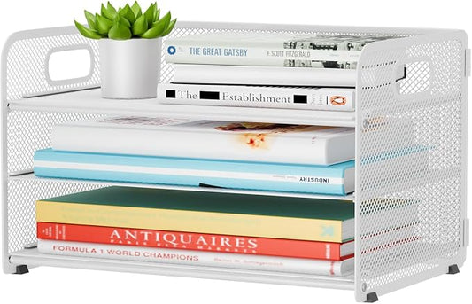 3 Tier Letter Tray Paper Organizer with Handle, Mesh Desk Organizer Paper Sorter File Rack Shelves, White
