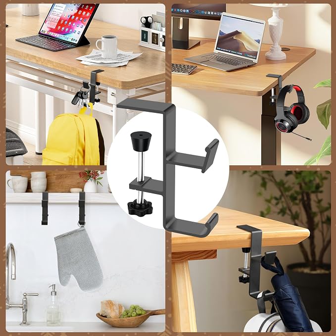 2 in 1 Backpack Hanger, Clamp-on Under Desk Headphone Holder, Purse Holder for Table, Students' Desk Hook with Adjustable Arm Clamp, Bag Hook for Reduce Clutter Table Hanging Storage