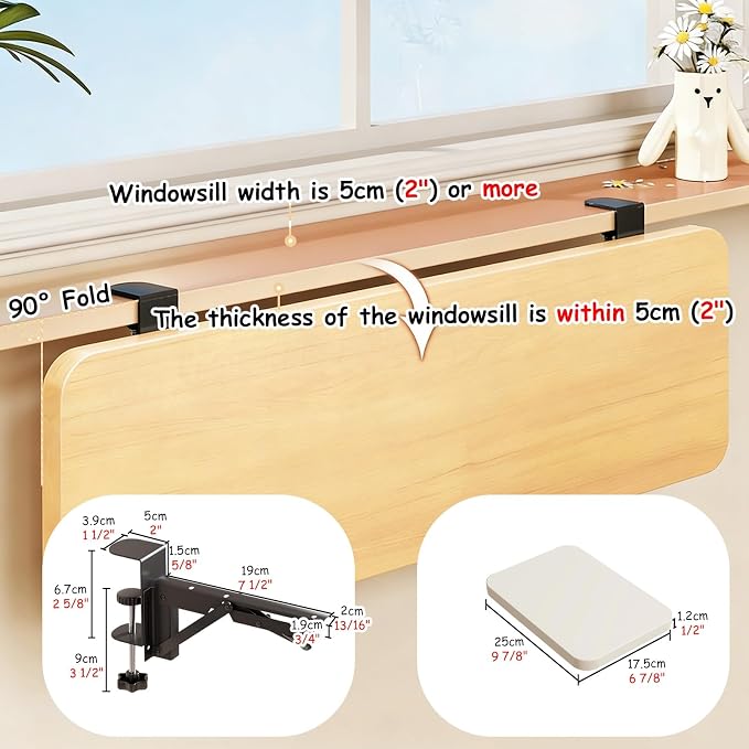 Small Window Sill Extender Clamp, Foldable Desk Extension Table, Removable Desk Clamp Shelf Extender, Countertop Extension for Work/Study(Teak)