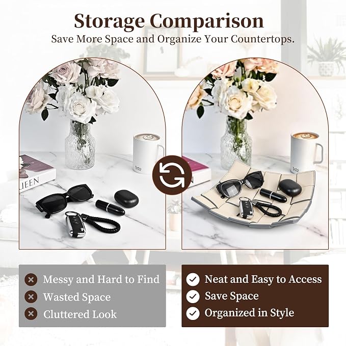 MSJGA Valet Tray PU Leather Key Holder Bowl for Women and Men Entryway Table Nightstand Desk Tray for Wallet, Keys Men's Gift - Beige & Gray, 9.8" L x 9.8" W x 2" H