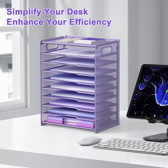 OUTWOLF 10 Tier Paper Organizer - Letter Tray Mesh Desk File Organizer with Handles for Office School Desktop, Purple