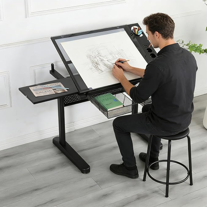 Adjustable Drafting Table with Hand-Crank Lift, 0-75° Tilting Tempered Glass Art Desk with Metal Drawers & Slide-Out MDF Side Table, Height Adjustable 29.5"-41.3" Drawing Desk with Storage & Stool