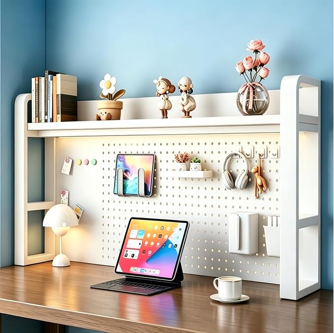 Desk Shelf Organizer with Pegboard & Storage Parts, 45kg Heavy Duty Desk Hutch, Desktop Storage Rack for Office & Home Office Shelves White Shelf/Whiteboard (2-Tier) 45.3×10×26"