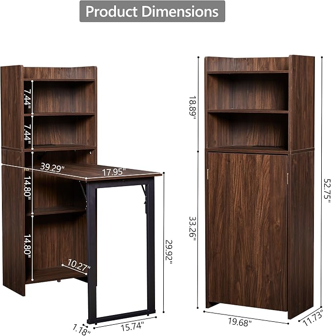 Foldable Desk with Storage,Hidden Desk with Built-in Socket,Fold Out Writing Table for Small Spaces,Home Office and Bedroom (Dark Walnut)