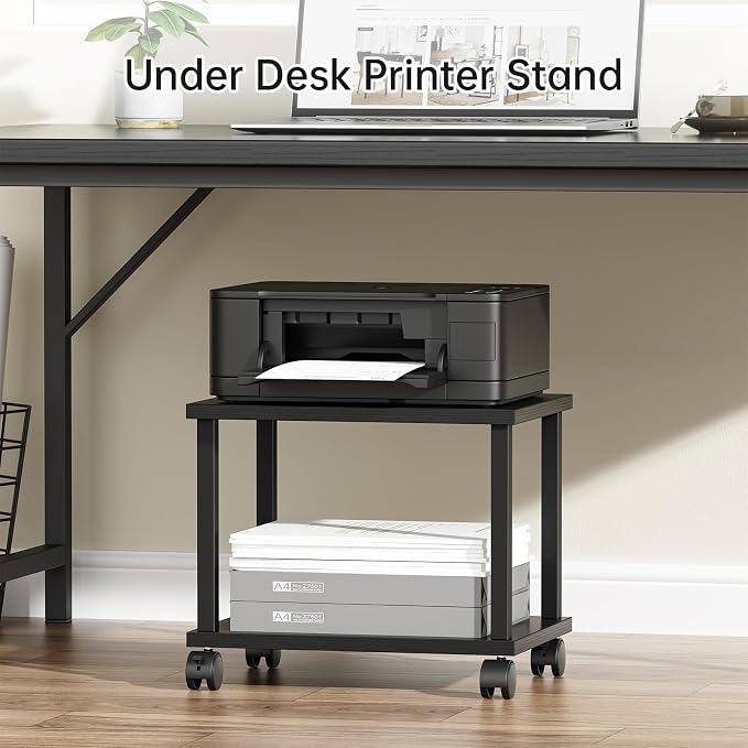 Asgolion Small Printer Table, 2-Tier Under Desk Printer Stand, Printer Stand with Wheels, Printer Shelf for Small Spaces, Printer Cart for Home Office, Black