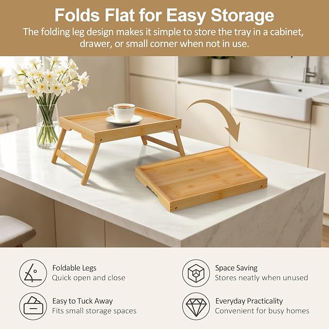 Breakfast Tray with Folding Legs Set of 2, Bamboo Bed Tray Table 15.7" Foldable TV Dinner Tray with Ergonomic Wave Handles for Bed Couch Sofa, Breakfast, Snacks, Coffee, Natural