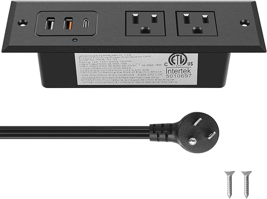 CCCEI Recessed Power Strip with 20W USB C Port, Fast Charging USB A Port Desk Outlet, Furniture Hidden Charging Station for Side Table, End Table, with 4FT 45 Degree Flat Plug Extension Cord, Black