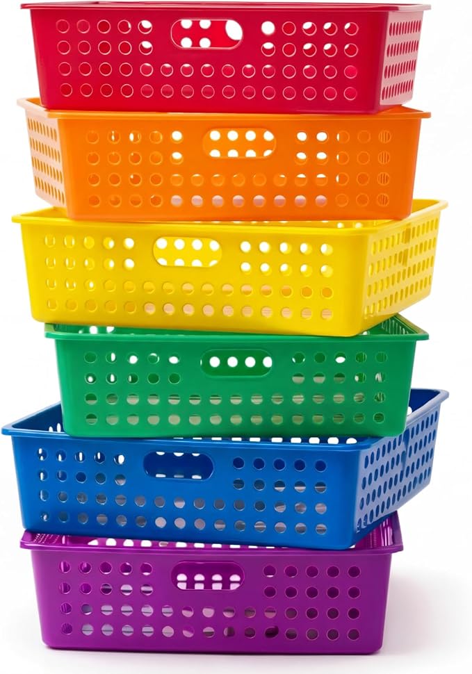 Geetery 6 Pack Classroom Storage Baskets with Handle 14''x10'' Paper Tray Holds A4 Turn in Trays Plastic Paper Baskets Desk Organizer Bin for Classroom, Library, Office, Home (Rainbow Color)