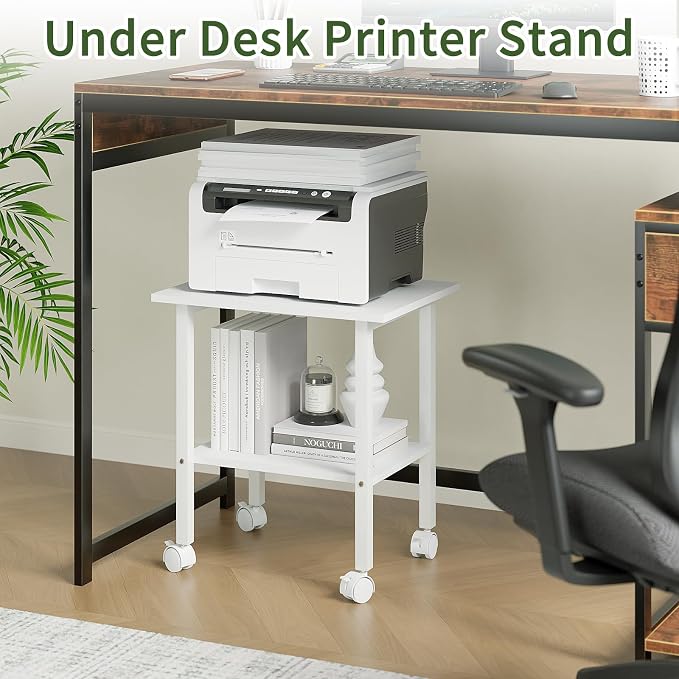 2 Tier Printer Stand with Storage, Under Desk Printer Table, Space-Saving Printer Table with Locking Wheels, Rolling Printer Cart for Home Office, White