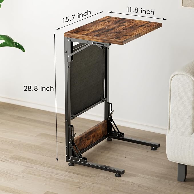 Folding TV Tray Table, 28.8" Tall C-Shaped Side Table for Couch and Bed, Slide Under Sofa Side Desk with Storage Bag - Sturdy Metal Frame Tray for Living Room, Bedroom, Home & Office (Rustic Brown)