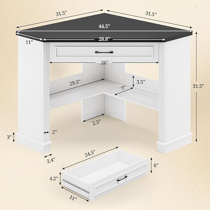 SEDETA 31.5" White Corner Desk, Small Corner Desk for Small Space, Farmhouse Triangle Computer Desk with Drawer and Storage for Home Office, Living Room, Bedroom, Vanity Desk