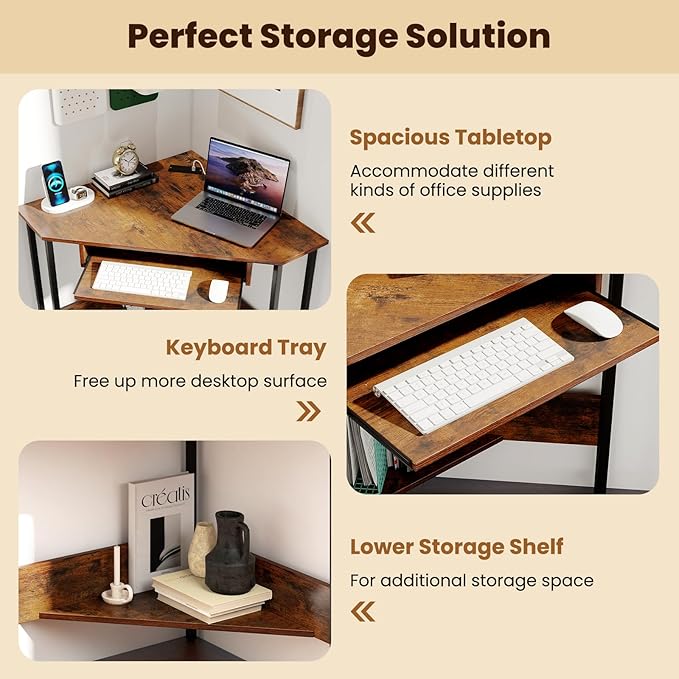 GOFLAME Corner Desk, Triangle Computer Desk with Keyboard Tray & Storage Shelf, Home Office Desk with Built-in Power Outlet, Industrial Writing Desk, Heavy-duty Space-saving PC Laptop Desk Workstation