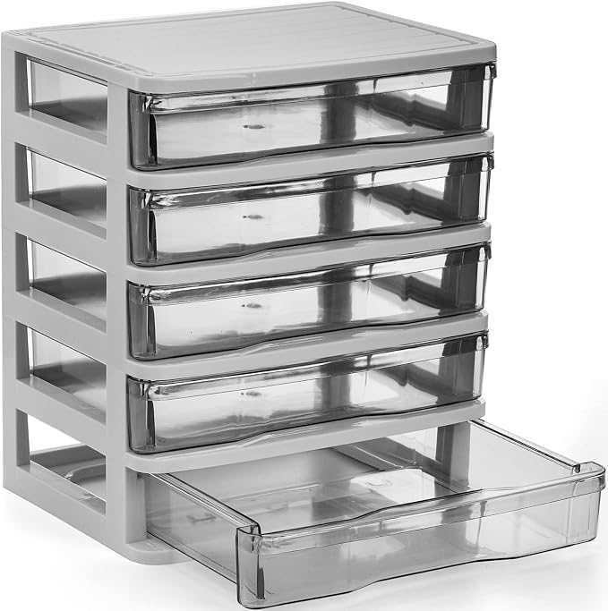 DEAYOU 5 Drawer Desktop Storage Bin Unit, Small Plastic Organizer, White Frame with Clear Drawer, Mini Container Case for Desk, Storing Craft, Accessory, Stationery