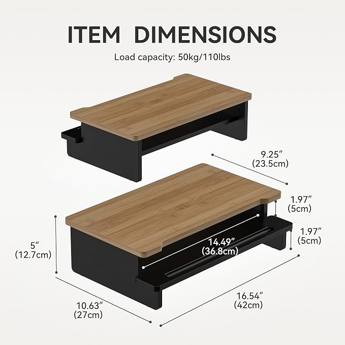 Computer Monitor Stand Riser, 16.5 Inch Wood Desk Shelf Storage Organizer with Phone Tablet Holder, Black & Dark Bamboo