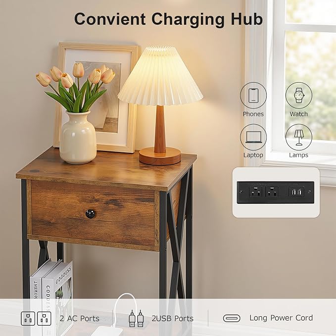 VECELO Nightstand Set of 2,End Tables with Charger Station,Bed Side Table with Open Shelf &USB Ports & Outlets,Small Dresser for Bedroom, Living Room,Rustic Brown