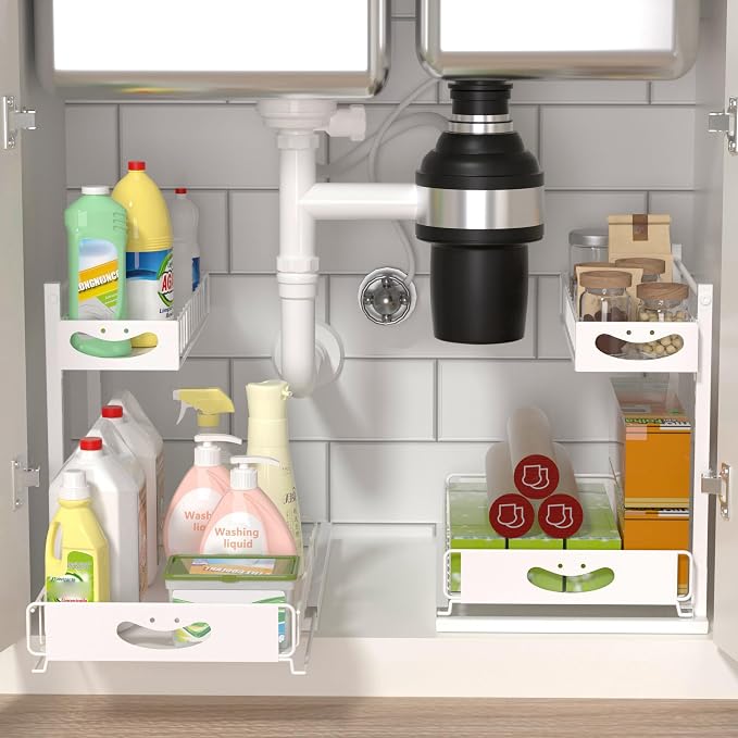 Under Sink Organizer with Pull-Out Drawers,Kitchen Sink Organizer,2 Tier Bathroom Organizers And Storage,Bathroom Accessories Set,White 2 Pack