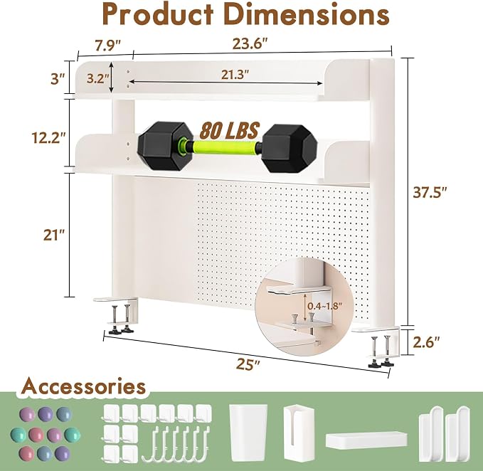 Clamp On Desk Shelf Organizer with Pegboard Desk Hutch Dorm with Storage Bookshelf Desk Top Organizer Shelf Multi-Purpose White & Black Desktop Shelves & Office Shelves (White, W - 23.6")