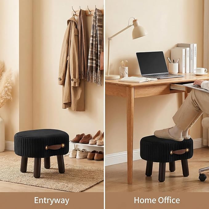 Foot Stools Ottoman with Handle Small Foot Stool Footrest Ottomon | Velvet Footstool Ottoman with Padded Seat, Curved Foot Rest Stool with Wooden Legs for Living Room, Entrywa（Black）