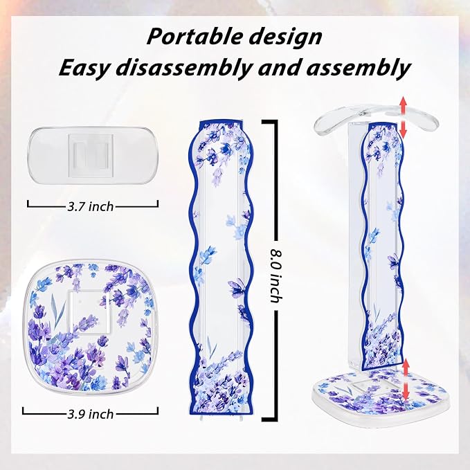 CamyCosy Headphone Stand Gaming Headset Holder for Desk,Unique Purple Lavender Flowers Pattern Clear Cellphone Stand Earphone Stand Desk Accessories for All Headphones Size