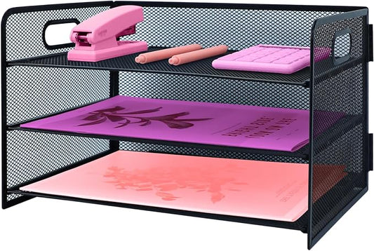 3 Tier Lettrer Tray Organizer with Handle, Metal Mesh Desk File Organizer with Sliding Trays, Paper Sorter Desk for Home Office School, Black