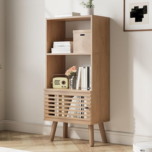 Furnify Small Bookcase, 43" H Open Shelf Cube Bookshelf with Slatted Door, Mid-Century Bookcase with 3 Cubes, Open Shelves Display Storage Cabinet for Living Room, Home Office, Oak