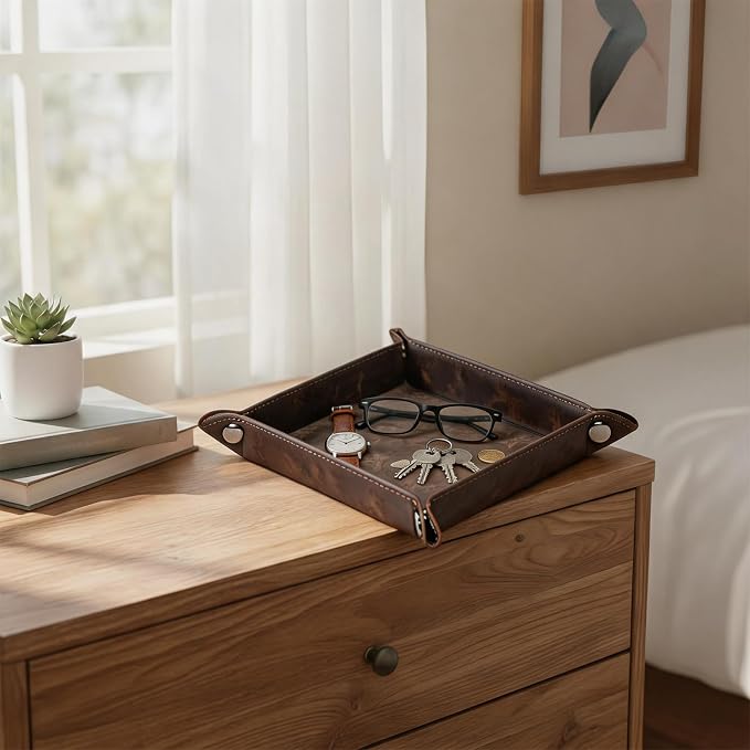 Valet Tray Desktop Storage Organizer – Vegan Leather Catchall Bedside Vanity Tray Nightstand Caddy Holder for Remote Controller, Watch, Keys, Phone, Wallet, Coin, Jewelry, Marble Brown