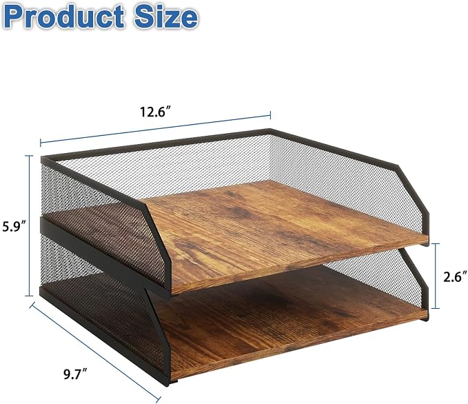 Natwind 2-Tier Stackable Paper Tray, Metal Mesh Desktop Organizer, Paper Sorter, Letter Trays, File Document Storage Rack for Home, Office, School, Retro